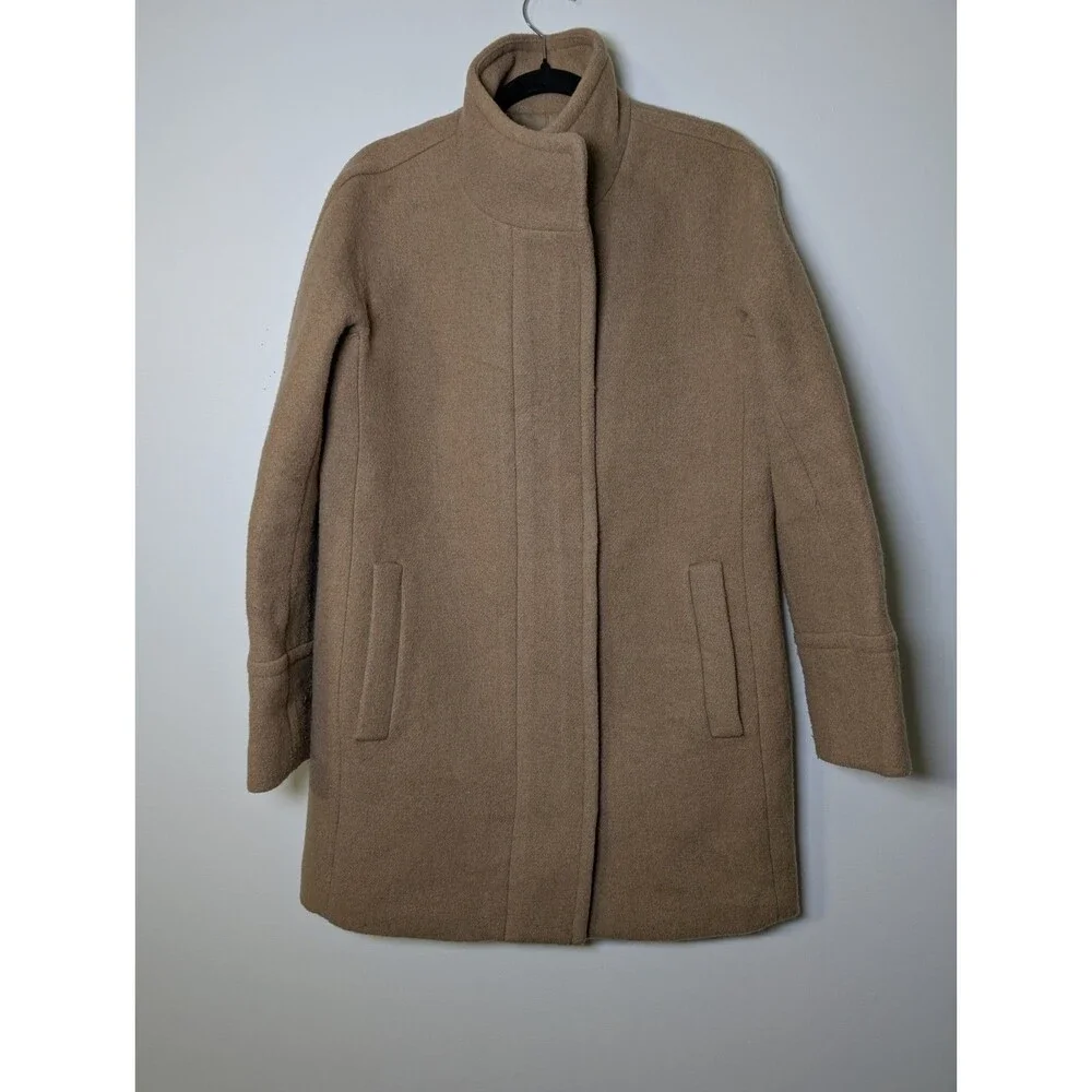 J.Crew City Coat Tan Wool Blend Standing Collar Quiet Luxury Coat Size 2 Classic - Picture 2 of 9